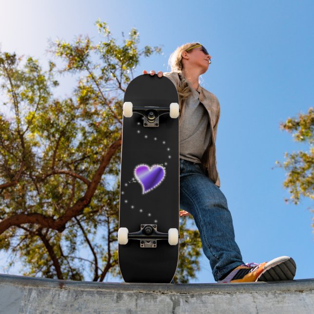 Skateboard Cœur arc-en-ciel violet avec étoiles (Extérieur 1)