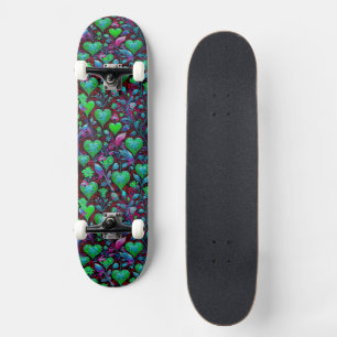 Skateboard Cœur vert néon et floral violet