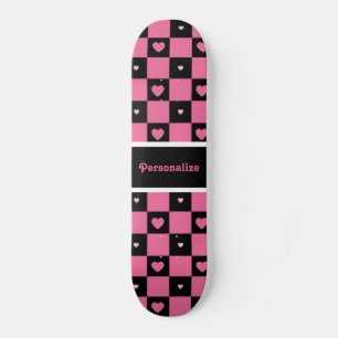 Skateboard Coeurs de À damiers modernes, roses et noires