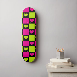 Skateboard Coeurs de tableau de bord - Vert citron, rose chau
