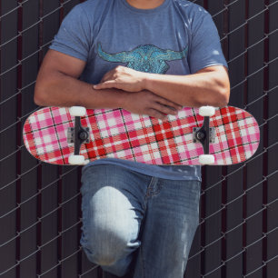 Skateboard Conception à carreaux tartan blanc rouge rose