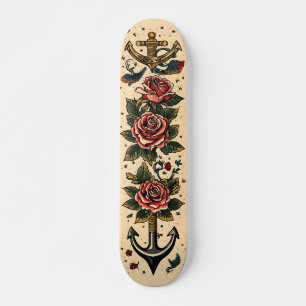 Skateboard Conception traditionnelle de tatouage, Ancre, Rose