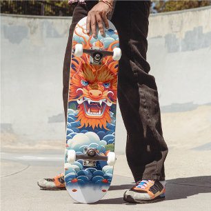 Skateboard Cool Mythique Dragon Head Orange Blue Hue