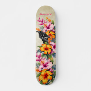 Skateboard Corbeau noir tropical coloré