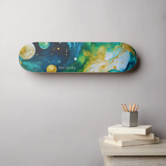 Skateboard Cosmos d'encre d'alcool bleu vert or