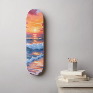 Skateboard Coucher de soleil océanique sur la plage Vagues Aq