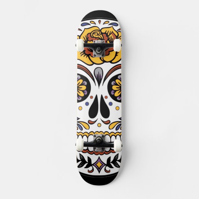 Skateboard Crâne à sucre rose jaune sur noir (Recto)