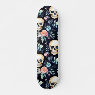 Skateboard Crâne aquarelle et motif gothique de roses