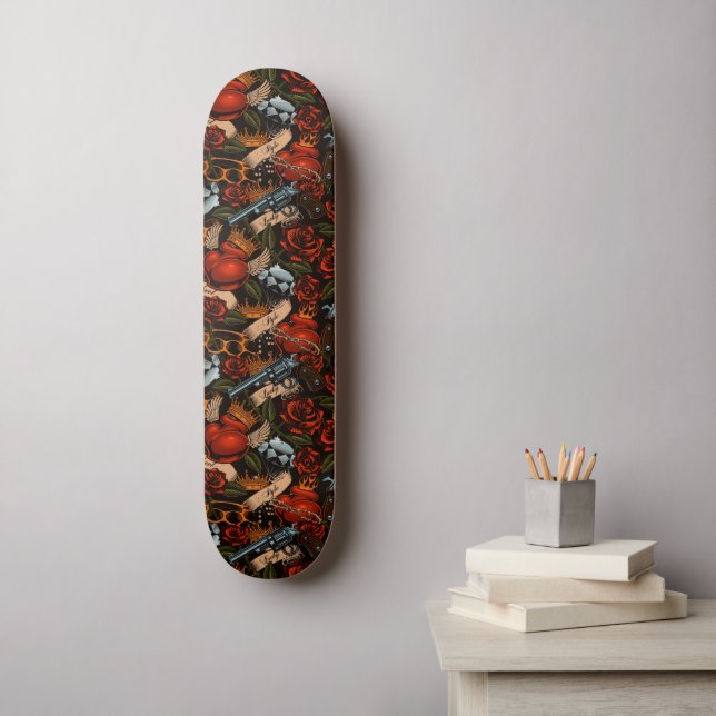 Skateboard Crâne Arme-à-feu Rose motif Graffiti (Art mural)