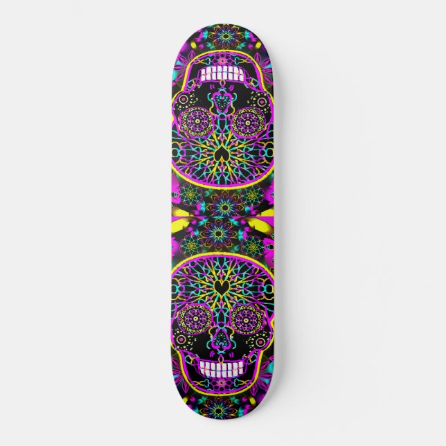 Skateboard Crâne de sucre dans le rose au néon (Recto)