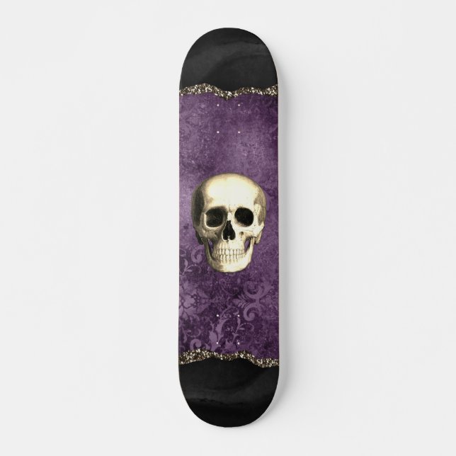 Skateboard Crâne désossé noir Moody violet glam gothique (Devant)