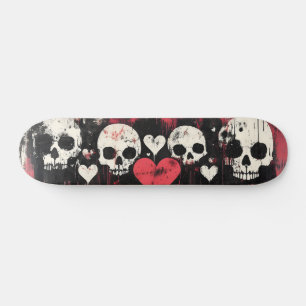 Skateboard Crâne et Coeurs Grunge - Art rouge et noir gras