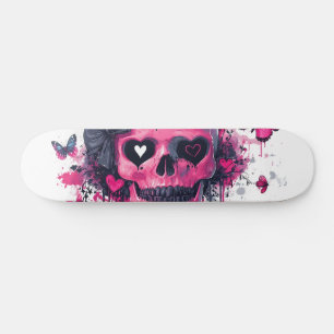Skateboard Crâne rose avec papillons et coeurs