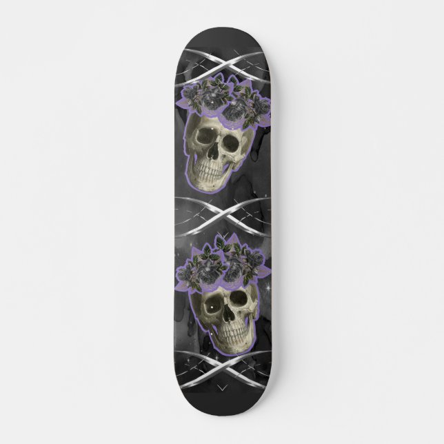 Skateboard Crânes aux détails argentés et brumes violettes (Devant)