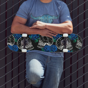Skateboard Crânes et Roses bleus   Cool Funky Dark Grunge