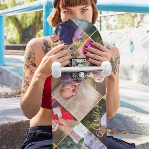 Skateboard Create Personalized 5 Photo Collage Gold Monogram