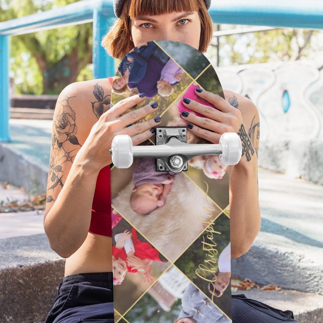 Skateboard Créer un monogramme d'or de collection de 5 photos (Create Personalized 5 Photo Collage Gold Monogram Skateboard)