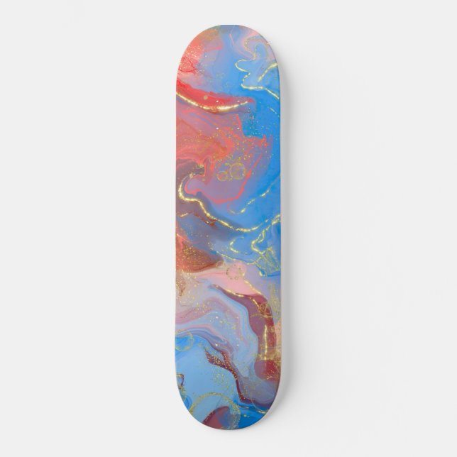 Skateboard Crimson, Blush, Blue and Gold Marbled Alcohol Ink (Recto)
