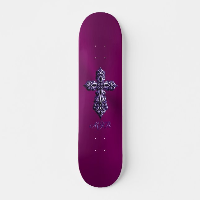 Skateboard Croix gothique à l'apparence bossée en violet avec (Devant)
