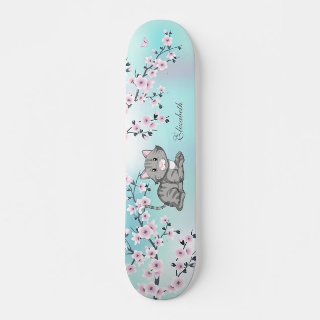 Skateboard Cute Cat Cherry Blossom Rose Turquoise Ajouter un  (Devant)