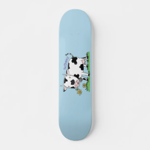 Skateboard Cute cow in green field cartoon illustration