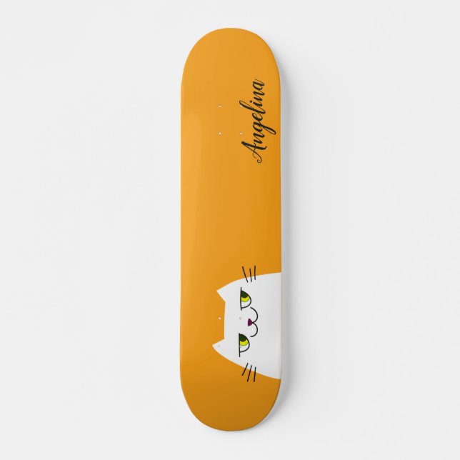 Skateboard Cute Funky Simple Chat Blanc Monogramme Jaune (Devant)