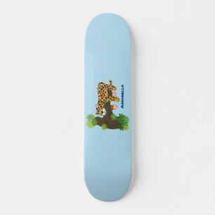 Skateboard Cute leopard sleeping in tree cartoon illustration