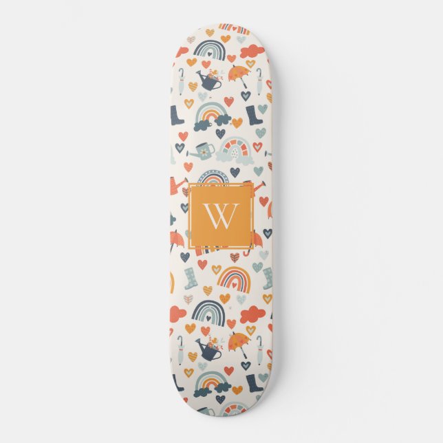 Skateboard Cute Orange Blue Spring Rainbow Clouds Motif (Recto)