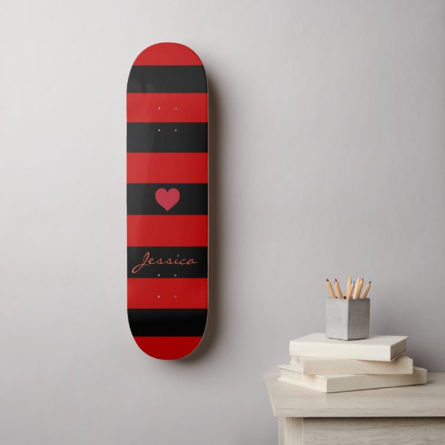 Skateboard Cute tendance Rouge Noir rayures Coeur Personnalis (Art mural)