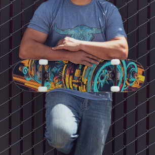 Skateboard Cyan Orange Cyberpunk Industriel Turbine Grunge