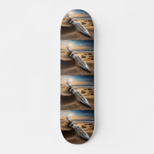 Skateboard Dague argentée ornée sur la plage au coucher du so