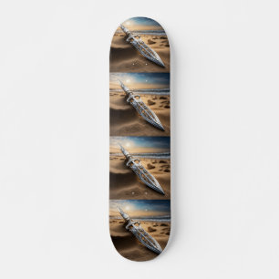 Skateboard Dague en argent ornée sur la plage au coucher du s