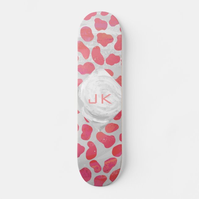 Skateboard Dalmatien Rose et Blanc avec Monogramme (Recto)
