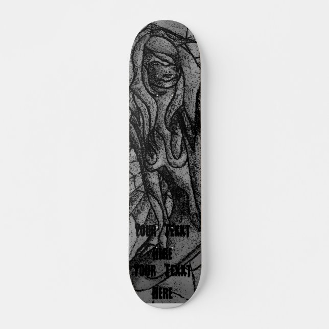 Skateboard dame de pose noire et blanche d'art abstrait rétro (Devant)