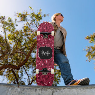 Skateboard Dark pink red magenta faux sparkles Monogram