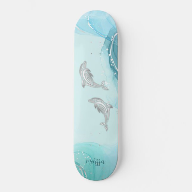 Skateboard Dauphins argentés vagues côtières votre nom (Recto)
