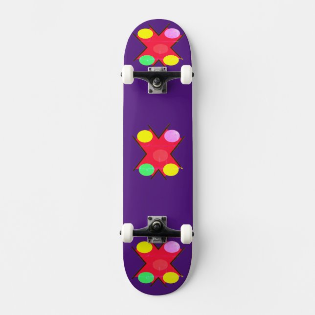 SKATEBOARD DE GRANDS POINTS D'ART LUMINEUX S'ÉCLATENT SUR UN  (Recto)