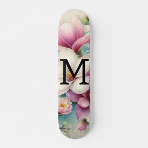Skateboard Dentelle monogramme fleurs de magnolias rose viole
