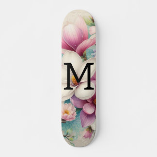 Skateboard Dentelle monogramme fleurs de magnolias rose viole