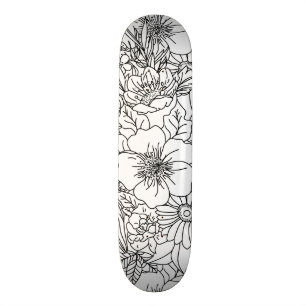 Skateboard Design élégant Doodé floral dessiné à la main