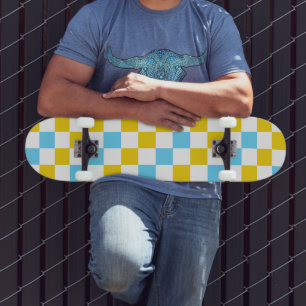 Skateboard Dessin à carreaux jaune blanc bleu