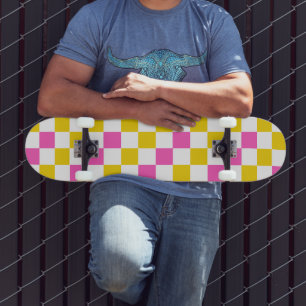 Skateboard Dessin à carreaux jaune blanc rose