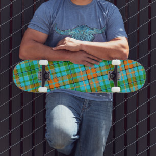 Skateboard Dessin à carreaux tartan bleu orange vert 