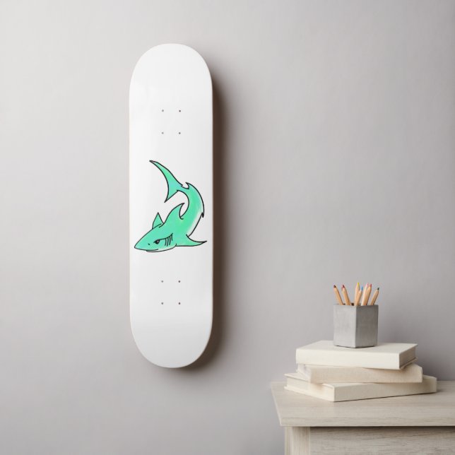 Skateboard dessin souriant requin menthe bleu vert océan anim (Art mural)