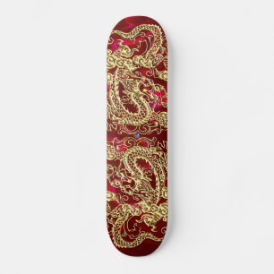 Skateboard Dragon doré en relief sur soie rouge imprimée