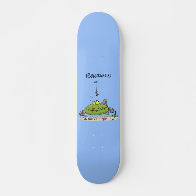 Skateboard Drôle gras affamé poisson vert dessin de pêche (Devant)