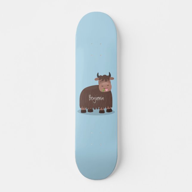 Skateboard Drôle joyeux yak mangeant de l'herbe dessin d'illu (Devant)