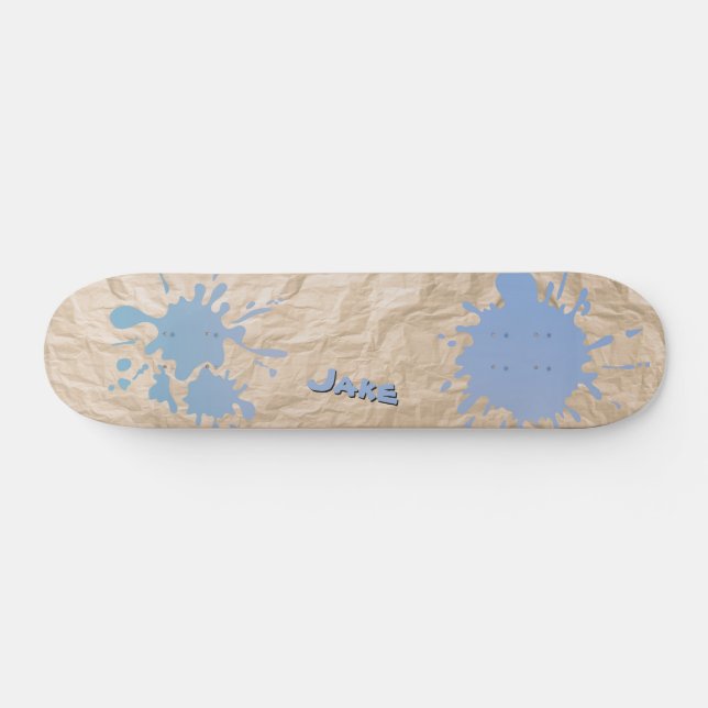 Skateboard Éclaboussure bleue sur vieux papier et nom (Horz)