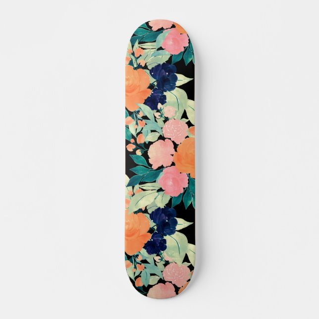 Skateboard Elégant bleu rose orange Fleurs noir floral (Devant)