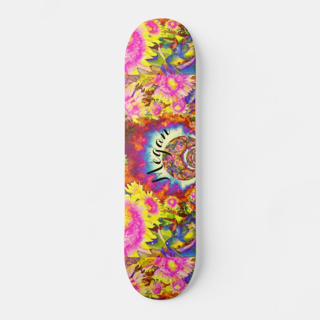 Skateboard Élégant boho rétro tournesol fleurs rose jaune (Recto)